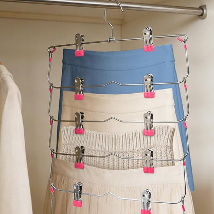 Skirt Pants Hangers with Clips,6Tier Skirt Hangers Space Saving,Metal Multi Pants Hangers and Storage Multi Clothes Shorts Hanger Organization,Space Saving Hangers with Clips (Rose, 4-Piece Set)