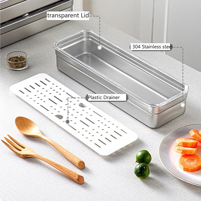 18/8 Stainless Steel Flatware Tray Kitchen Drawer Organizer with Lid and Drainer Stackable Utensil Holder for Countertop Large Capacity Silverware Tray Flatware Organizers