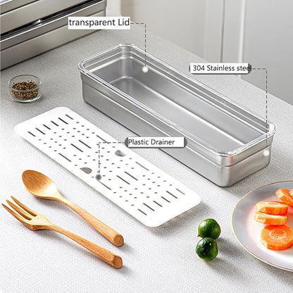18/8 Stainless Steel Flatware Tray Kitchen Drawer Organizer with Lid and Drainer Stackable Utensil Holder for Countertop Large Capacity Silverware Tray Flatware Organizers