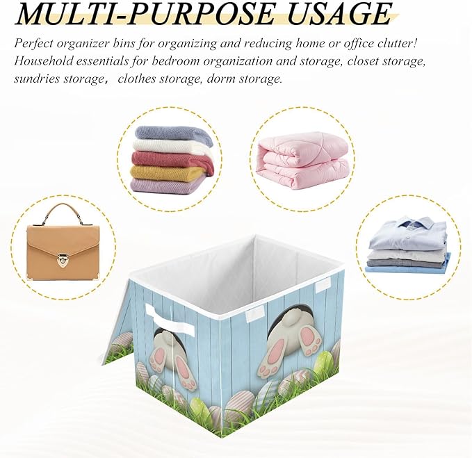 senya Easter Baskets Collapsible Storage Bins with Lids, Easter Bunny Bottom with Pink and Blue Eggs Storage Boxes Clothes Baskets for Organizing
