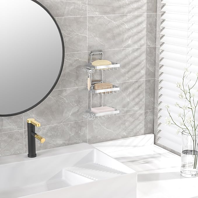 Moforoco Silver Soap Dish Holder for Shower Wall, No Drilling, 3-Tier 304 Rustproof Stainless Steel, Soap Bar Holder with 4 Hooks, Shampoo Bar Holder for Shower Caddy for Bathroom