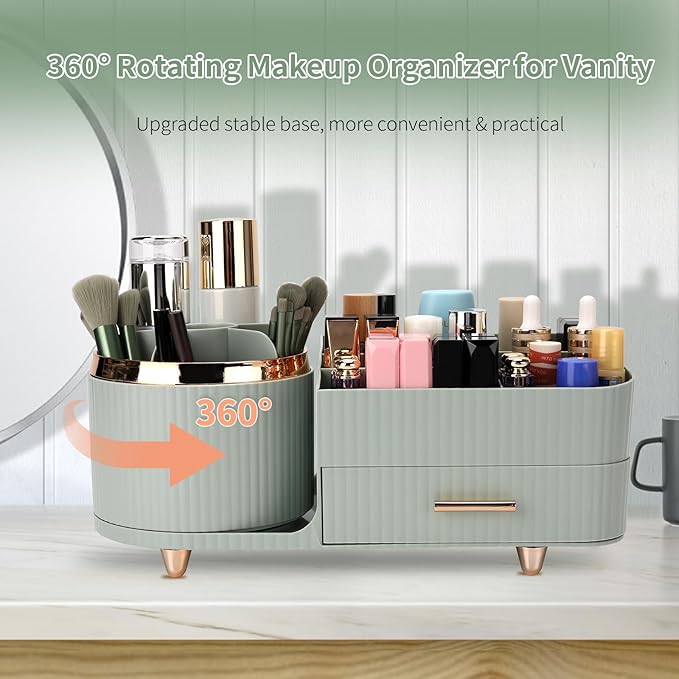 Beborxue 360° Rotating Makeup Organizer for Vanity with Drawers, Large Capacity Cosmetic Display Case, skincare organizer, Cosmetic Organizer for Lipstick, Skincare, Brushes, Eyeshadow, (Green)