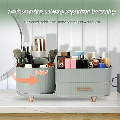 Beborxue 360° Rotating Makeup Organizer for Vanity with Drawers, Large Capacity Cosmetic Display Case, skincare organizer, Cosmetic Organizer for Lipstick, Skincare, Brushes, Eyeshadow, (Green)