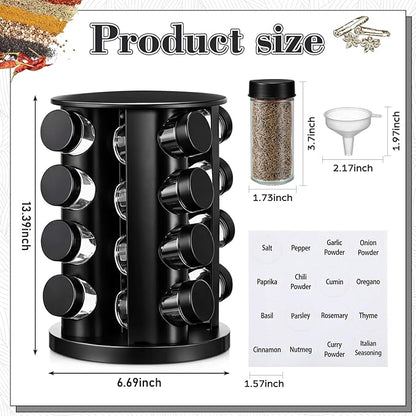 Yungyan Black Rotating Spice Rack Seasoning Organizer with 16 Empty Jars, Spice Containers Set with Labels and Funnel, Revolving Seasoning Rack for Kitchen Accessories (Stainless Steel,Glass)