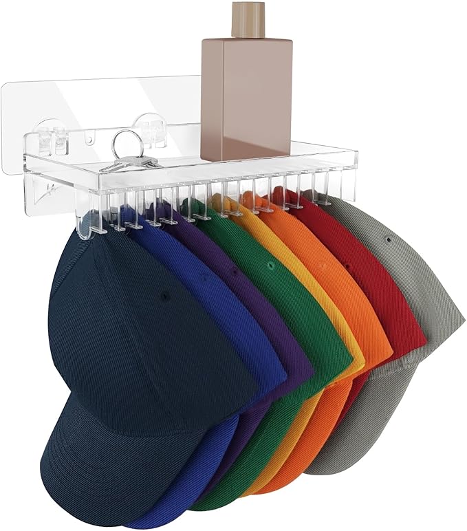 MAGTSMEI Multi-functional Baseball Hat Rack for Wall,Hat Organizer for Baseball Caps with Shelf,Over Door Hat Storage Holder Up to 16 Hats for Closet-Clear