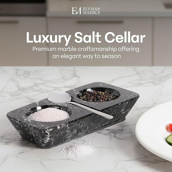 Marble Salt and Pepper Dish with Spoon, Handcrafted Double Spice Tray with 2 Compartments, Natural Stone Condiment Dish for Cooking Prep and Serving - Black
