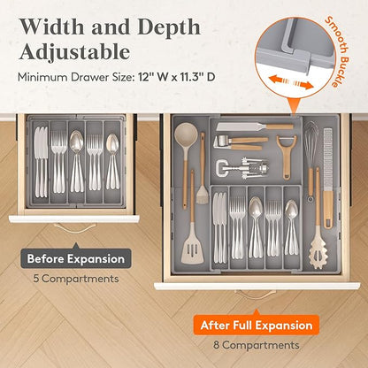 Lifewit Silverware Drawer Organizer, Expandable Utensil Tray for Kitchen, BPA Free Flatware and Cutlery Holder, Adjustable Plastic Storage for Spoons Forks Knives, 5-8 Slots, Gray