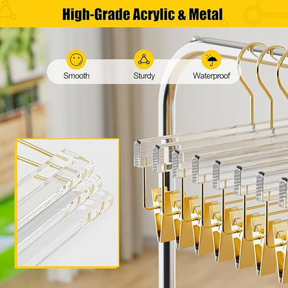 10 Pack Gold Acrylic Hangers, Clear Pants Hangers with Adjustable Non-Slip Clips for Pants, Skirts, Jeans, Trousers, Adults & Kids, Clothing Closet Storage