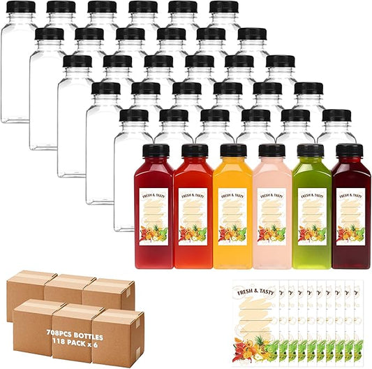 BAKHUK 708pcs 12oz Empty Plastic Juice Bottles with Caps, Plastic Water Bottles with lids, Reusable Clear Bulk Beverage Containers for Juice, Milk and Other Beverages