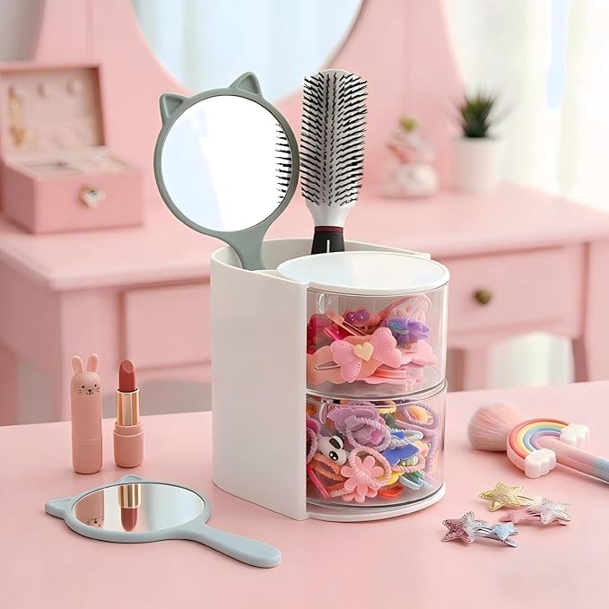 Hair Accessories Organizer with Hair Brush Holder, Rotatable Makeup Brush and Jewelry Storage Box for Hair Clips, Earrings, Necklaces, Bracelets, Rings, and Daily Accessories (White, 2-Layer)