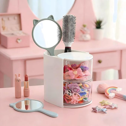 Hair Accessories Organizer with Hair Brush Holder, Rotatable Makeup Brush and Jewelry Storage Box for Hair Clips, Earrings, Necklaces, Bracelets, Rings, and Daily Accessories (White, 2-Layer)