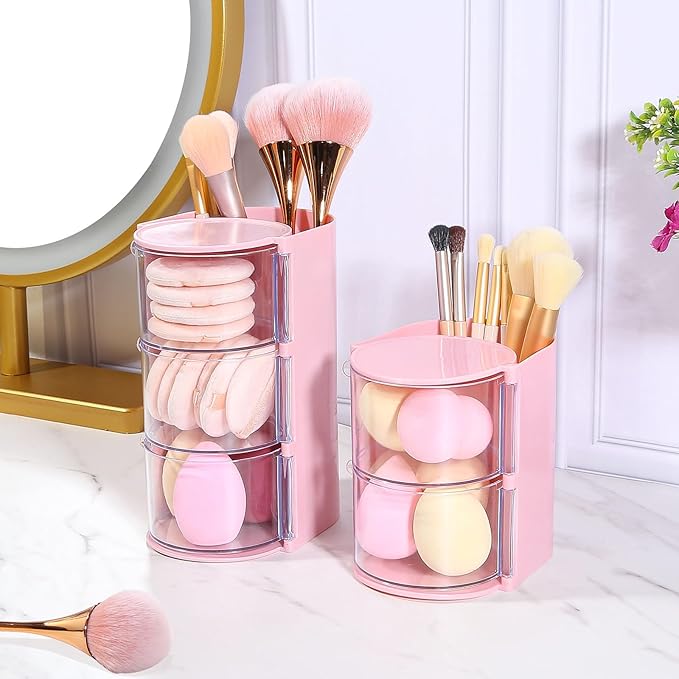 DASITON 2-Layer Makeup Brush Holder with Hair Accessories Organizer, Rotatable Desktop Organizer Case for Hair Clip, Makeup Sponge, Jewelry and Hair Accessories, Hair Brush Holder for Vanity (Pink)
