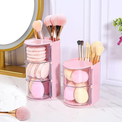 DASITON 3-Layer Makeup Brush Holder with Hair Accessories Organizer, Rotatable Desktop Organizer Case for Hair Clip, Makeup Sponge, Jewelry and Hair Accessories, Hair Brush Holder for Vanity (Pink)