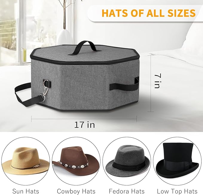 HINIHAO Hat Box for Travel and Storage, Collapsible Cowboy Cap Organizer Case for Closet with Handles, Hat Storage Box for Women and Men