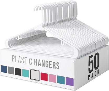 Plastic Hangers 50 Pack White - Clothes Hangers - Makes The Perfect Coat Hanger and General Space Saving Hangers for Closet and New Apartment Essentials - Percheros Ganchos para Colgar Ropa Hangars