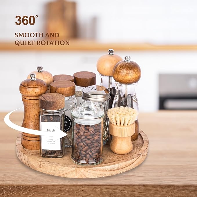 Wood Lazy Susan Organizer Kitchen Turntable for Cabinet Farmhouse Bathroom Decor Round Decorative Tray for Vanity, Counter, Sink, Coffee Table, 11 Inch, Brown