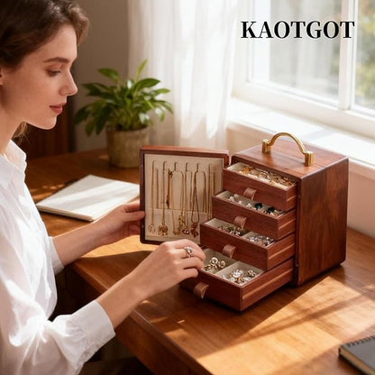 Wooden Jewelry Box for Women Walnut Wooden Jewelry Box with handle 4-Tier Jewelry Organizer for Rings, Necklaces
