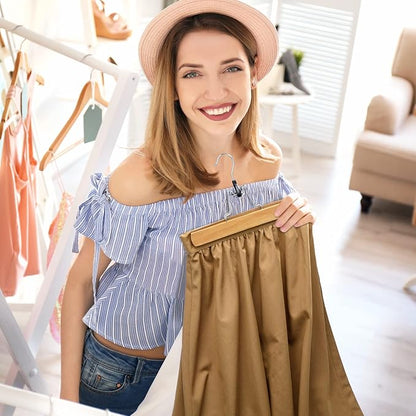 HOUSE DAY Wooden Pants Hangers 20 Pack, Non Slip Wood Skirt Hangers, Smooth Finish Wood Jeans Hanger, Clamp Hanger for Skirts, Slacks, with 360° Swivel Hook