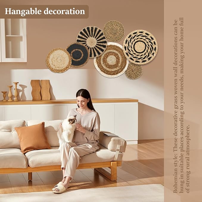 7 Pcs Boho Wall Basket Decor, Rattan Wicker Boho Wall Decor, Hanging Woven Basket Wall Decor, Round Handmade Wall Art for Living Room Bedroom Display Table Settings Home Christmas Decoration (Black)