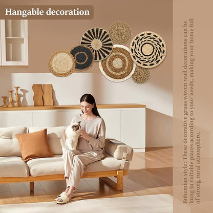 7 Pcs Boho Wall Basket Decor, Rattan Wicker Boho Wall Decor, Hanging Woven Basket Wall Decor, Round Handmade Wall Art for Living Room Bedroom Display Table Settings Home Christmas Decoration (Black)
