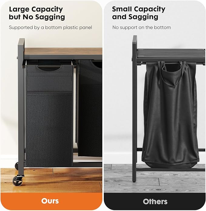 DUMOS Laundry Hamper with 2 Pull-Out Removable Sorter Bags, Movable Wheels, Freestanding Clothes Basket Organizer in Bathroom, 2 × 13.1Gal (99L) Capacity, Rustic Brown and Black