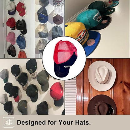 Adhesive Hat Hooks for Wall (12-Pack), No-Drilling Hat Hanger for Wall Baseball Cap Rack Organizer, Hats Holder on Closet Door Storage & Display