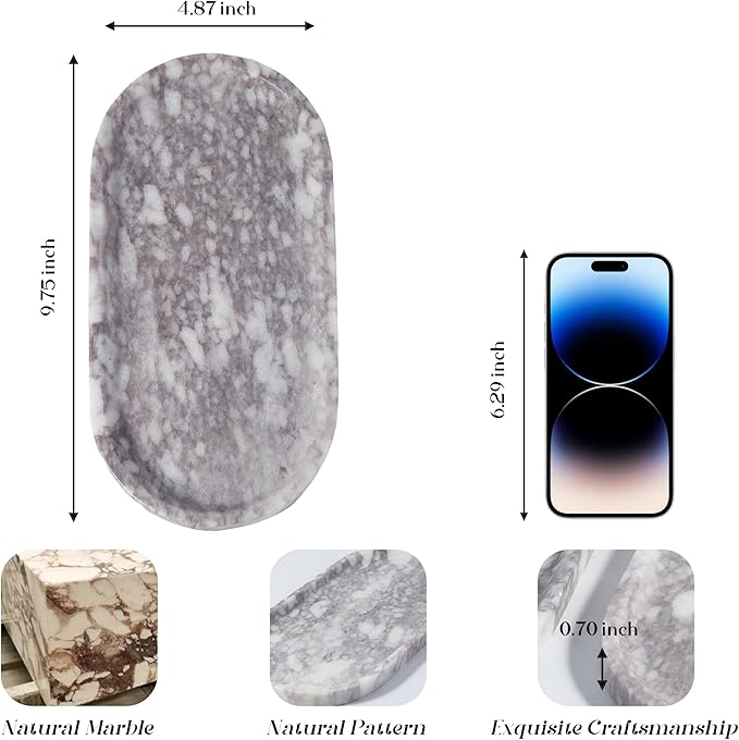 Koville Real Luxurious Natural Marble Vanity Tray, 10"x5" Calacatta Viola Marble Catchall Tray for Bathroom, Stone Perfume Trays Jewelry Dish for Dresser, Genuine Stone Storage Tray for Home Decor