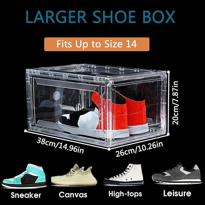 12 Pack Shoe Boxes, Clear Acrylic Plastic Shoe Boxes Stackable, Space-Saving Foldable Drop Front Shoe Storage Boxes Container for With Lids Fits Up to Size 15 (Transparency)