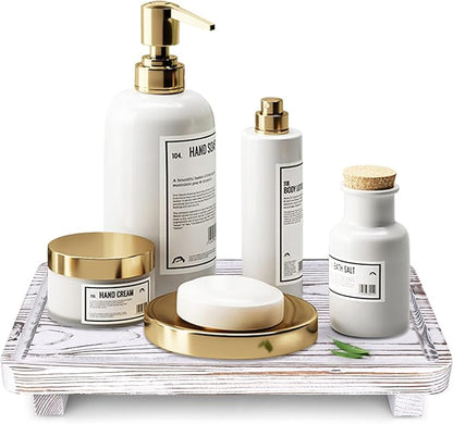 Bathroom Counter Tray Wood Pedestal Stand White Kitchen Countertop Trays Decorative Wooden Riser Display Stands Dish Soap Dispenser Holder for Bathroom Sink Accessories Kitchen Decor Vanity Tray