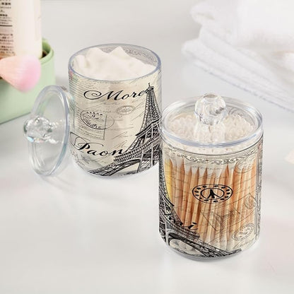 Apothecary Jars Bathroom Storage Organizer with Lid - 14 oz Qtip Holder Storage Canister, Paris Eiffel Tower Clear Plastic Jar for Cotton Swab, Cotton Ball, Floss Picks, Makeup Sponges,Hair Cl