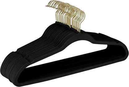 Simplify Slim Velvet Gold Hook Clothes Hangers 75 Pack | Non-Slip | Shirts | Suit | Pants | Dresses | Garments | Closet Storage & Organization | Durable | Black