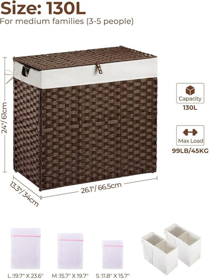 Greenstell Laundry Hamper with lid, No Install Needed, 130L Wicker Laundry Baskets Foldable 2 Removable Liner Bags, 2 Section Clothes Hamper Handwoven Rattan Laundry Basket with Handles, Brown