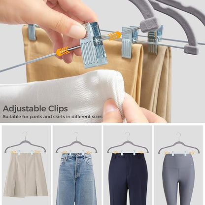 HOUSE DAY Velvet Hangers with Adjustable Clips 10 Pack, Non-Slip Suit Organizer with 360° Hook - Heavy Duty Hanger for Pants, Skirts, Blouses, Dresses - Outfit Hangers All-Season Space Saver (Grey)