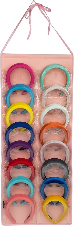Hanging Padded Headbands Storage Organizer for Women Lady, Girl Wide Knotted Headband Holder with 16 Clear Pockets, Fashion Turban Velvet Hair Head band Hoop Display Stand. (16 slot,felt,pink)