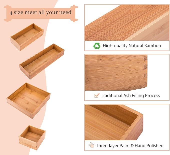 Bamboo Office Supplies Organizer Box Stationery Accessory Organizer Dresser Makeup Tool Drawer Storage Box, Bamboo 8"*4"