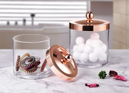 SheeChung 2-Pack Plastic Apothecary Jars with Rose Gold Metal Lids - 25oz & 15oz Clear Acrylic Qtip Holder Set - Shatterproof Bathroom Vanity Organizer for Cotton Balls, Swabs, Pads - Luxury Decor