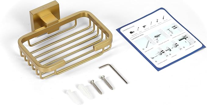 SEIDO Gold Soap Dish for Shower, 304 Stainless Steel Double-Locking Soap Holder, Wall Mount Soap Bar Holder for Shower, Hollowed-Out Drainage, 4.8" L x 3.2" W Internal, for Soap, Sponge, Keys