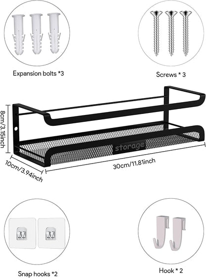 Spice Rack Wall Mount with Hooks - Spice Racks Organizer for Cabinet Storage, Wall Mounted Hanging Shelf Seasoning Organizer, for Kitchen, Pantry Door, Bathroom (Black, 2 Pack)