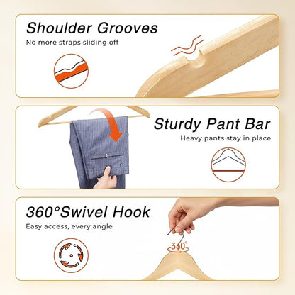 HOUSE DAY Slim Wooden Hangers 30 Pack, Solid Wood Hanger with Non Slip Shoulder Notches & Pant Bar, Smooth Finish Wood Clothes Hangers for Shirts, Suits, Jackets, Natural