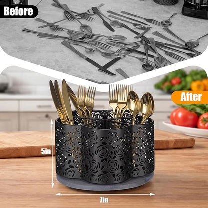 360 Degree Rotating Utensil Caddy Silverware Cutlery Caddy Holder with 5 Compartment Kitchen Countertop Organizer for Spoon Fork Flatware Storage for Home or Outdoor Picnic Camping(Black)