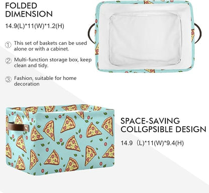 Doodle Pizza Storage Baskets,Decorative Collapsible Rectangular Canvas Fabric Storage Bin for Home,2 Pack