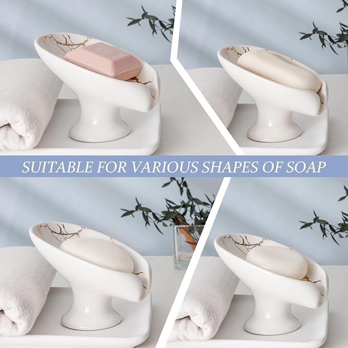 Soap Dish, Soap Holder Self Draining Leaf Shape Soap Dishes, Ceramic Drain Soap Dish for Sink Bathroom Shower Kitchen, Easy to Clean Keeps Soap Dry, Cream White & Gold Marble Pattern, ANTIS'S HOME