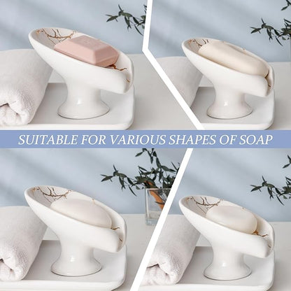 Soap Dish, Soap Holder Self Draining Leaf Shape Soap Dishes, Ceramic Drain Soap Dish for Sink Bathroom Shower Kitchen, Easy to Clean Keeps Soap Dry, Cream White & Gold Marble Pattern, ANTIS'S HOME