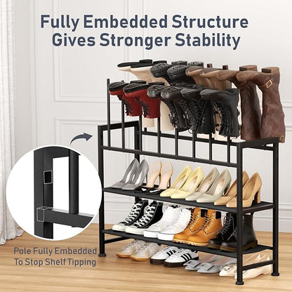 DIMJ Boot Rack 4-Tier - Black Metal Boot Storage Rack for Tall Boots Organizer, Multiuse Shoe Rack for Boots, Sneakers, High-Heel, Entryway, Fits 8-Pairs