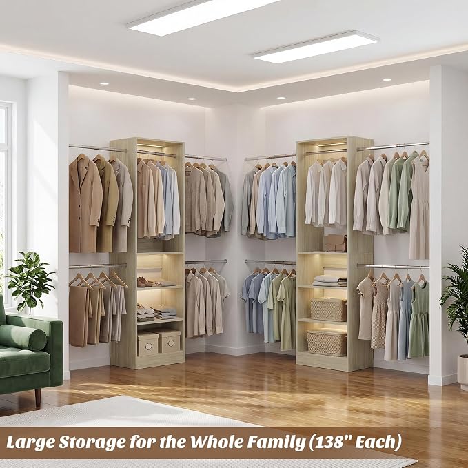 12FT Large Open Closet System, 138'' Wall-Mounted Closet Shelving with 5 Hanging Rods and 6 Shelves, Customizable Wardrobe for Walk-In Closets, Fits 5–12FT Spaces,White Oak