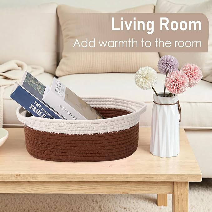 JMvicyroam Woven Basket,Small Rope Storage Bin with Handles & Ribbon Bag, Organizer for Shelves Closets,Gift Basket Empty for Birthday,Books,Dog Toys, White&Brown