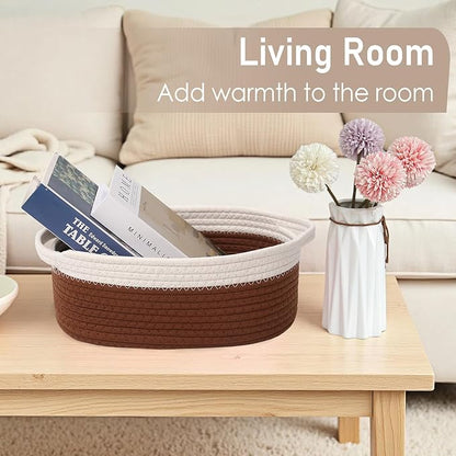 JMvicyroam Woven Basket,Small Rope Storage Bin with Handles & Ribbon Bag, Organizer for Shelves Closets,Gift Basket Empty for Birthday,Books,Dog Toys, White&Brown