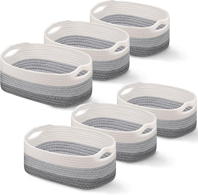 Sawysine 6 Pcs Storage Baskets Bulk for Organizing Cotton Rope Woven Basket with Handles for Gift Cloth Shelves Blanket Toys Living Room(Gray and White)
