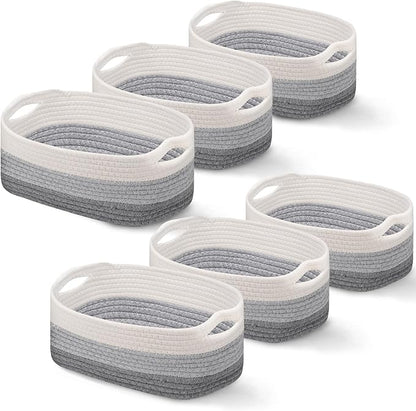 Sawysine 6 Pcs Storage Baskets Bulk for Organizing Cotton Rope Woven Basket with Handles for Gift Cloth Shelves Blanket Toys Living Room(Gray and White)