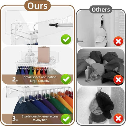 MAGTSMEI Multi-functional Baseball Hat Rack for Wall,Hat Organizer for Baseball Caps with Shelf,Over Door Hat Storage Holder Up to 16 Hats for Closet-Clear